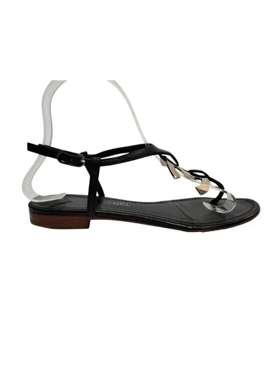Chanel CC Logo T-Strap Leather Thong Sandals